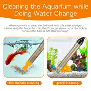 Hygger water changer with metal faucet connector for aquarium water maintenance, flexible plastic tubing and durable metal valve.