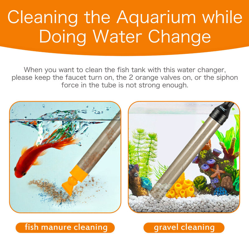 Hygger water changer with metal faucet connector for aquarium water maintenance, flexible plastic tubing and durable metal valve.