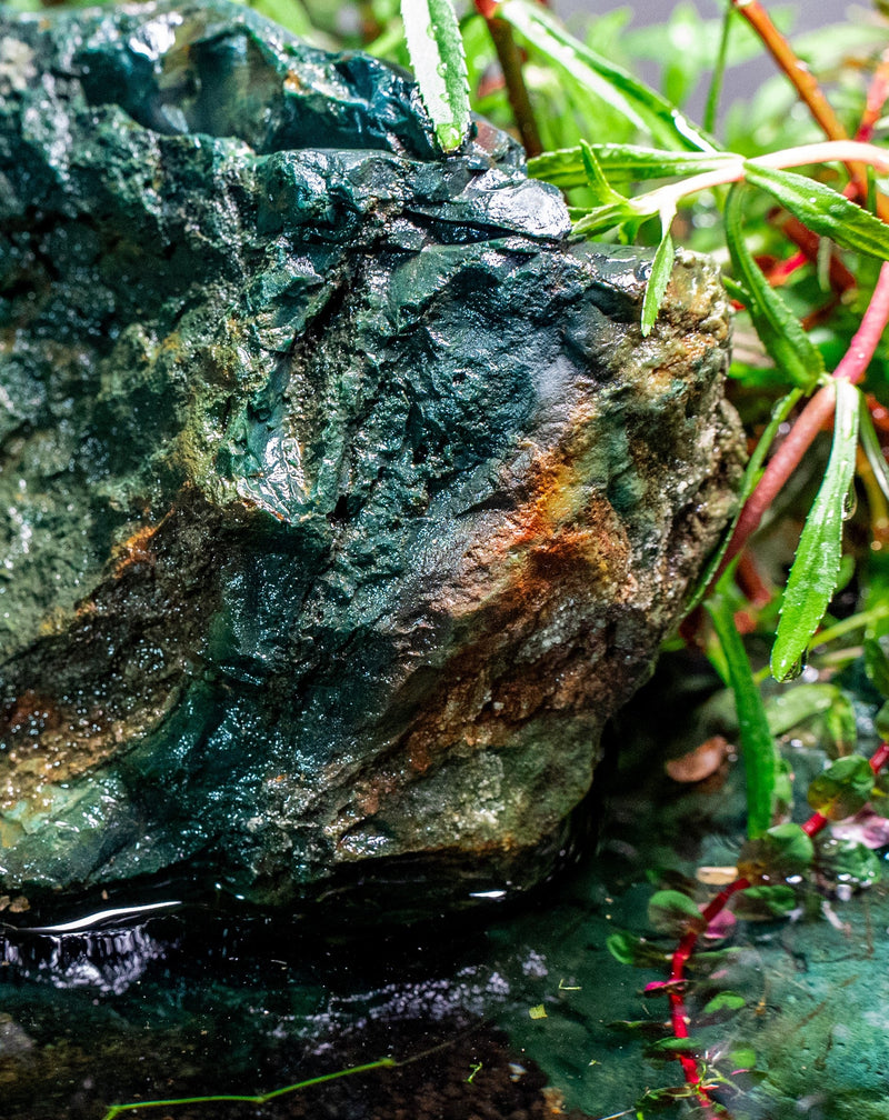 Smooth green jade stone from UNSHARDSCAPE, showcasing its polished surface and natural mineral patterns.