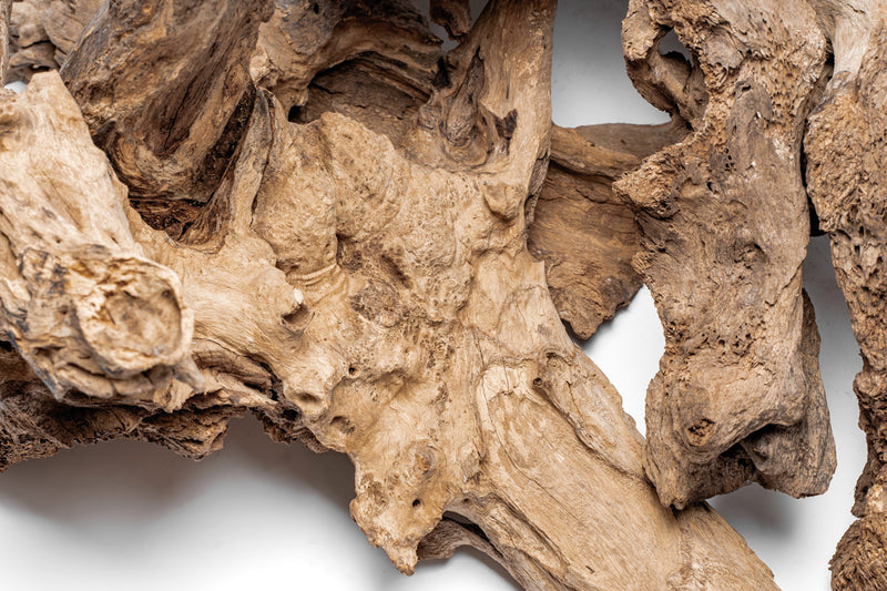 Driftwood piece called Madra Wood by UNSHARDSCAPE, showcasing natural, weathered wood with textured surface and unique shape.