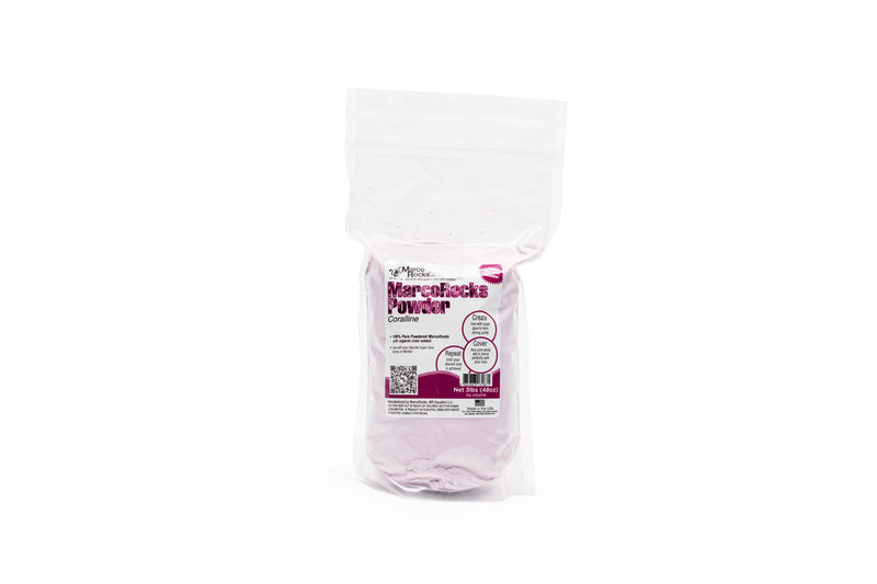 Marco Rocks MR Powder Coralline hardscape substrate in a clear container, showcasing vibrant coral-colored powder for reef aquariums.