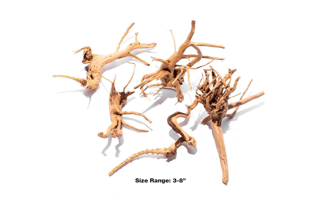Close-up of Nano Spiderwood driftwood from UNSHARDSCAPE, showcasing its intricate, twisted natural wood structure for aquascaping.