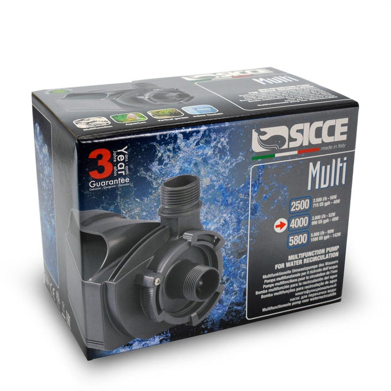 Sicce Multi Pump in black with adjustable controls, designed for efficient water circulation in aquariums and ponds.