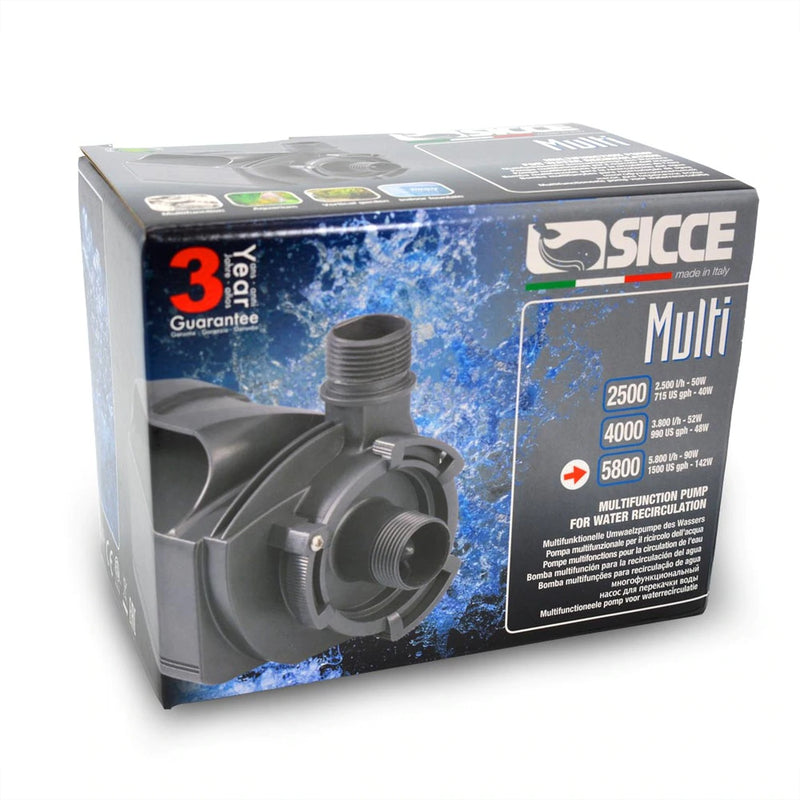 Sicce Multi Pump for aquarium or pond circulation, compact design with multiple outlet options, black and silver finish.
