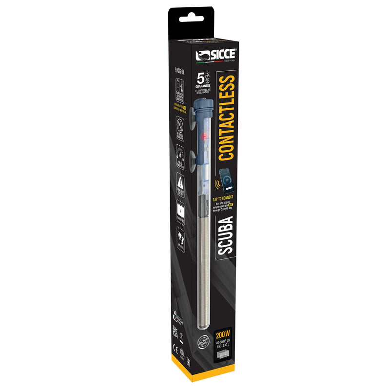 Sicce SCUBA Contactless Heater, a sleek aquarium heater accessory with digital controls and a contactless design for safe heating.