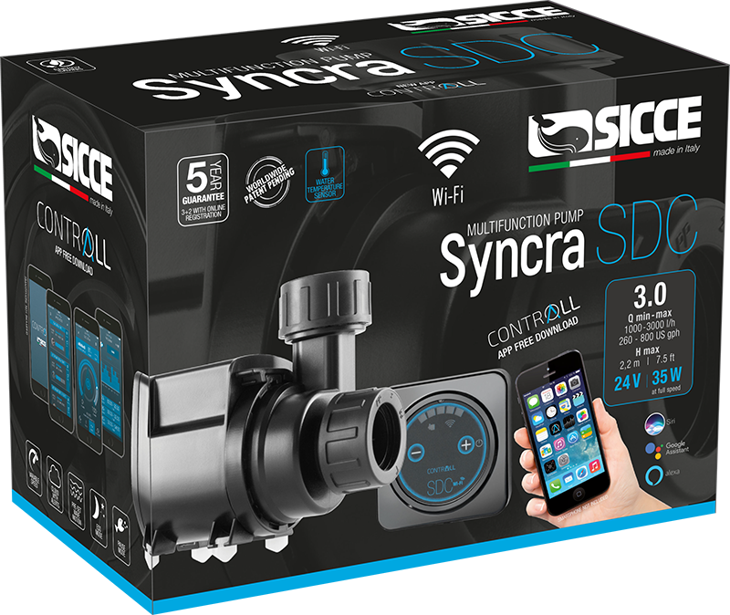 Sicce Syncra SDC return pump for aquarium or water circulation systems, shown in a close-up view of the pump and accessories.