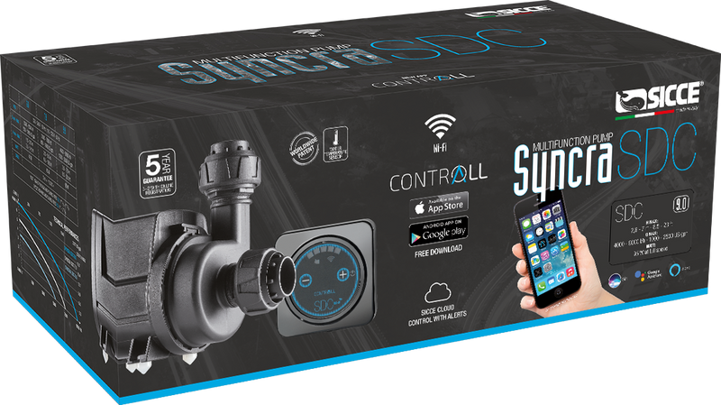 Sicce Syncra SDC return pump for aquarium filtration, shown in a close-up image of the pump's design and connection ports.