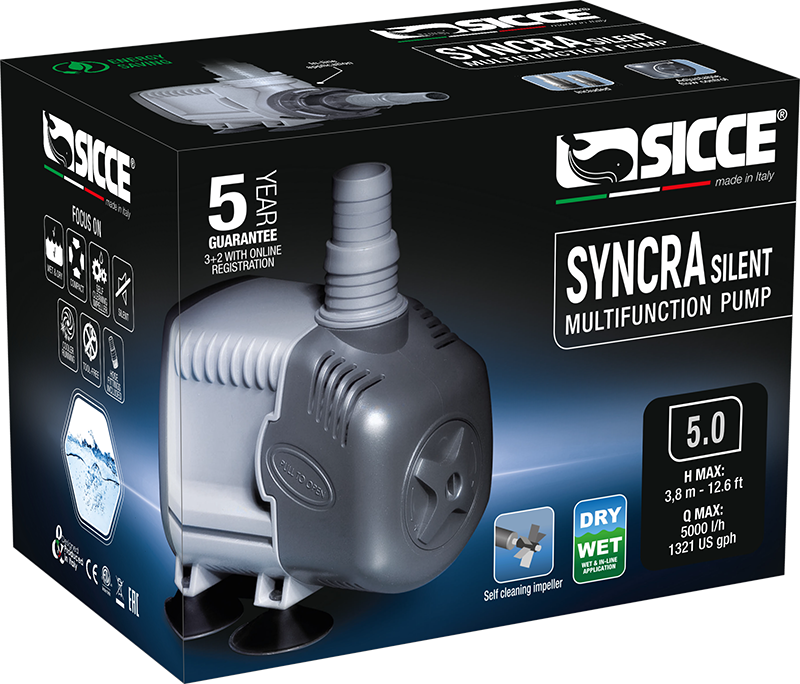 Sicce Syncra Silent Return Pump in black with sleek design, used for aquarium or pond water circulation.