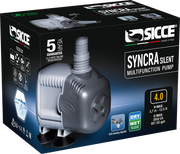 Sicce Syncra Silent Return Pump showing a compact, energy-efficient aquarium pump with a sleek design and inlet/outlet ports.