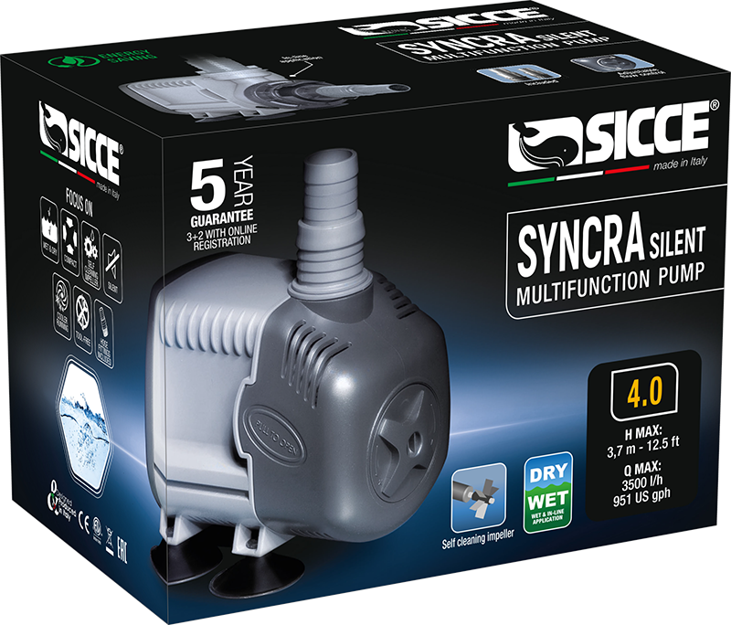 Sicce Syncra Silent Return Pump showing a compact, energy-efficient aquarium pump with a sleek design and inlet/outlet ports.