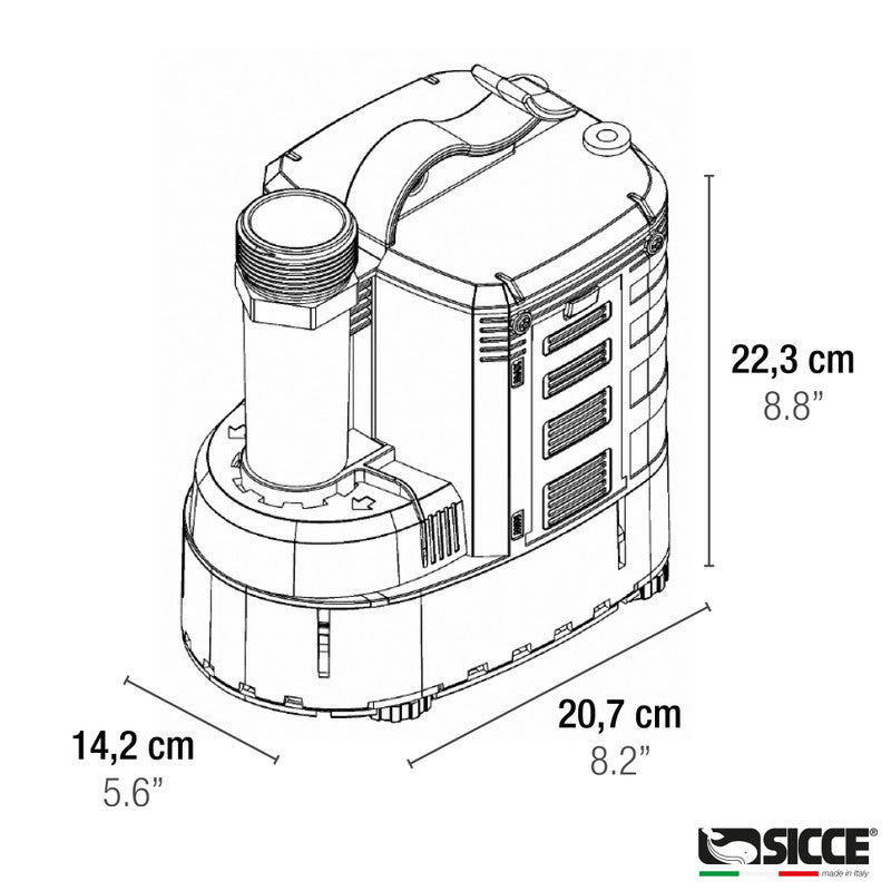 Sicce Ultra 9000 submersible pump for aquarium or pond filtration, compact accessories with sturdy design.