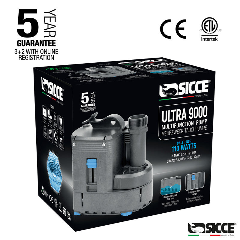 Sicce Ultra 9000 submersible pump used as an aquarium or pond water circulation accessory, with a compact design and sturdy build.