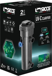Sicce UV-C clarifier for aquarium filtration system with clear tubing and control knob, designed to reduce algae and pathogens.