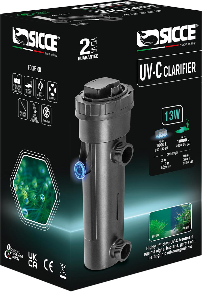 Sicce UV-C clarifier for aquarium filtration system with clear tubing and control knob, designed to reduce algae and pathogens.
