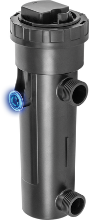 Sicce UV-C Clarifier for aquarium, compact filter device with clear housing and UV bulb, helps keep aquarium water clean.