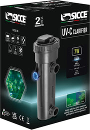 Sicce UV-C Clarifier for aquarium filters showing a compact device with UV lamp and control features for water purification.