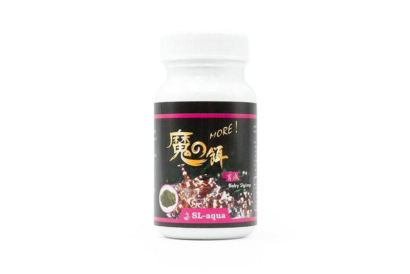 SL AQUA MORE Shrimplet Food, small fish and shrimp diet, in a clear container with pellets visible inside.