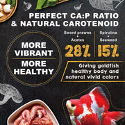 Ultra Fresh Goldfish Premium Pellet food showing golden fish pellets in a clear container for healthy aquarium feeding.