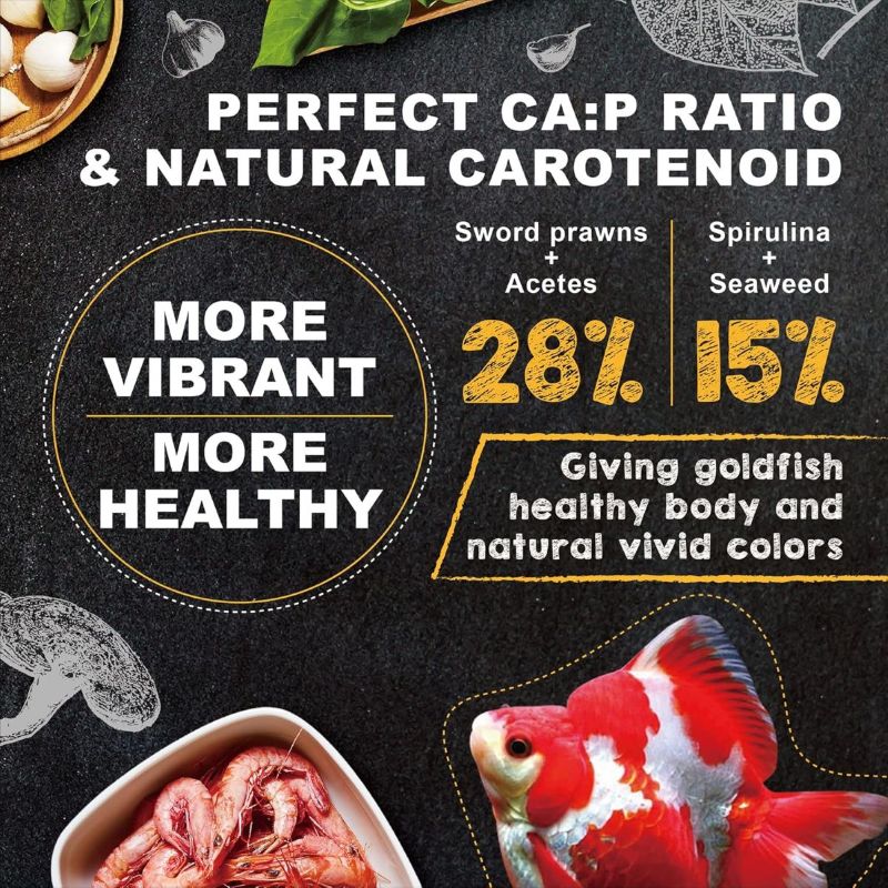 Ultra Fresh Goldfish Premium Pellet food showing golden fish pellets in a clear container for healthy aquarium feeding.