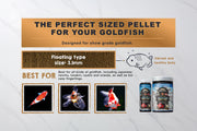Ultra Fresh Goldfish Premium Pellet food showing golden fish pellets in a clear container. High-quality fish food for healthy goldfish.