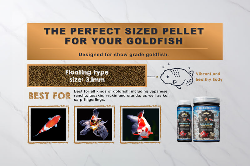 Ultra Fresh Goldfish Premium Pellet food showing golden fish pellets in a clear container. High-quality fish food for healthy goldfish.