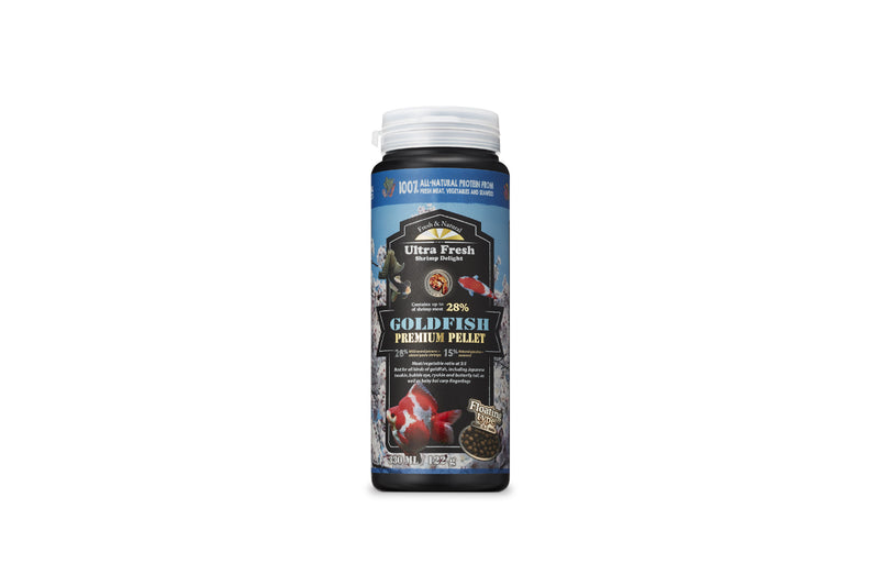Ultra Fresh Goldfish Premium Pellet fish food showing the colorful pellets in a clear container.