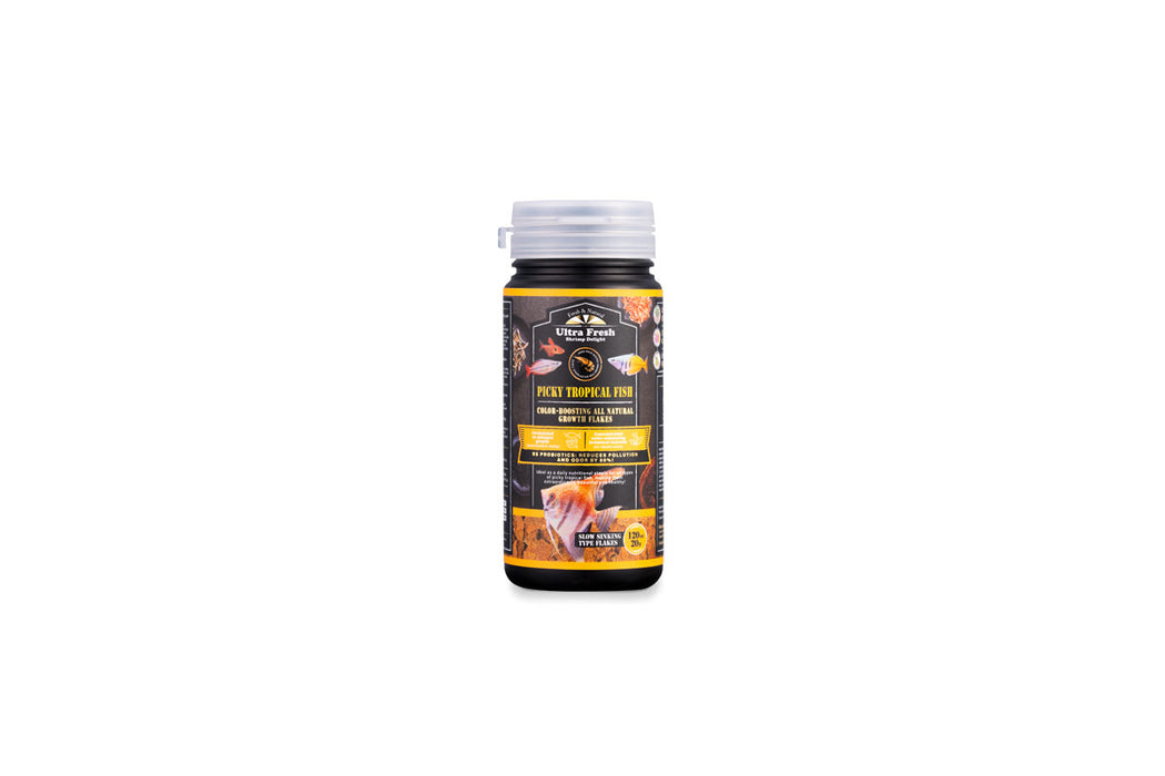 Ultra Fresh Picky Tropical Fish Flakes food in a clear container, designed for small or selective tropical fish.