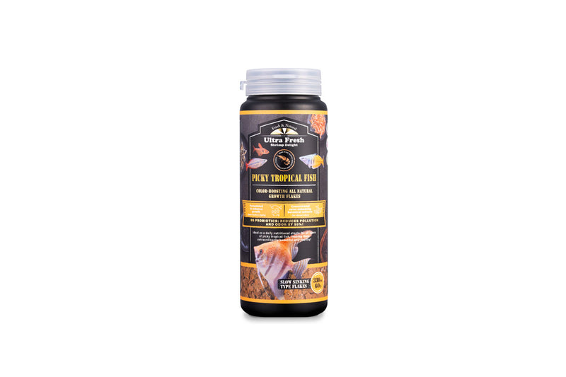 Ultra Fresh Picky Tropical Fish Flakes food in a clear container, showing colorful flakes ideal for tropical fish feeding.
