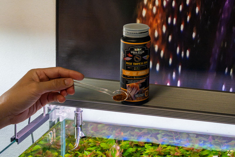 Close-up of Ultra Fresh Picky Tropical Fish Flakes in a container, showing small, colorful fish food flakes for tropical fish.