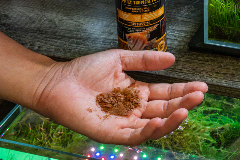 Ultra Fresh Picky Tropical Fish Flakes in a clear container, showing vibrant flakes designed for selective tropical fish.