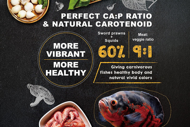 Close-up of Ultra Fresh Royal Cichlid Premium Pellet fish food in a clear container, showcasing the pellet texture and brand label.