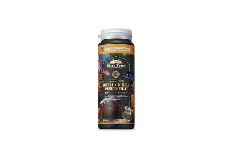Ultra Fresh Royal Cichlid Premium Pellet fish food in a clear container, designed for optimal nutrition and vibrant fish health.