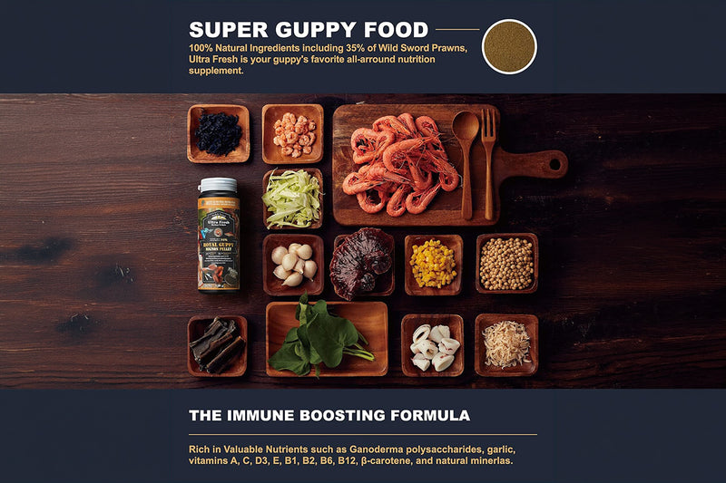 Ultra Fresh Royal Guppy Mignon Pellet fish food in a clear container, designed for small tropical fish like guppies.