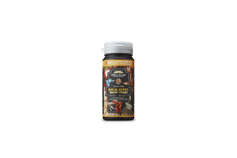 Ultra Fresh Royal Guppy Mignon Pellet fish food in a clear container, featuring small pellets suitable for guppies.