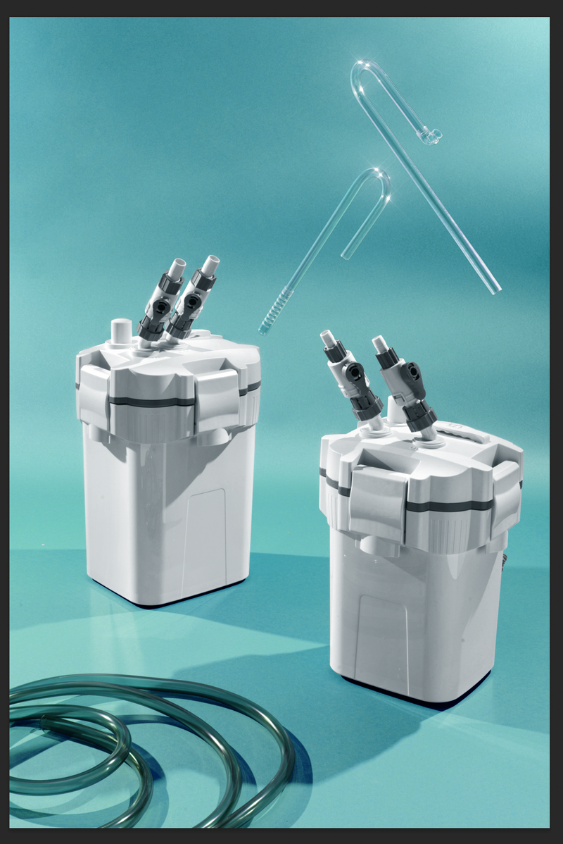 Ultum Nature Systems DELTA 120 Aquarium Canister Filter V2 showing the compact filter unit with hoses and control valves for aquarium filtration.