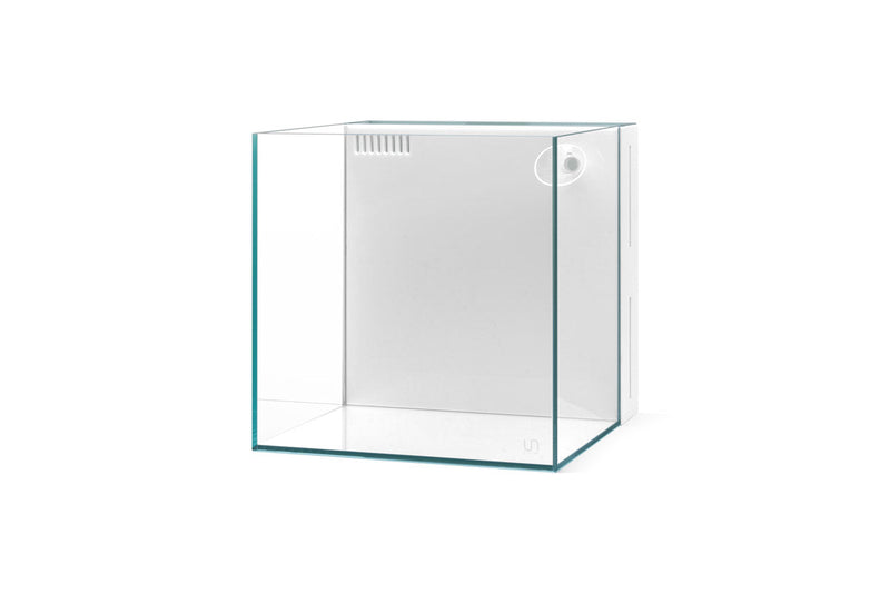 Ultem Nature Systems UNS 30A 5.5-gallon ultra-clear rimless all-in-one aquarium in white, showcasing sleek modern design and transparent glass.