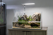 Clear glass UNS 45E 3.8-gallon rimless paludarium from Ultum Nature Systems, showcasing its sleek, ultra-clear design and open top.