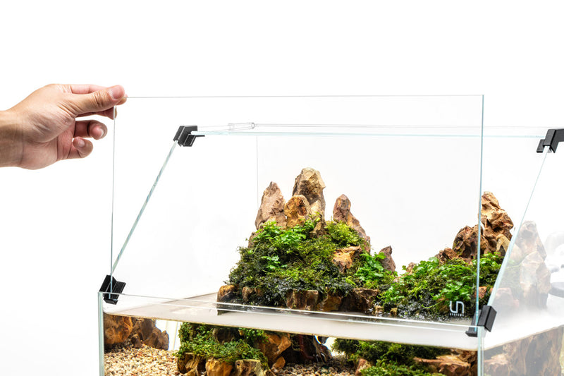 Rimless UNS 45E Paludarium Enclosure Kit by Ultum Nature Systems with glass panels and integrated design for aquatic and terrestrial habitats