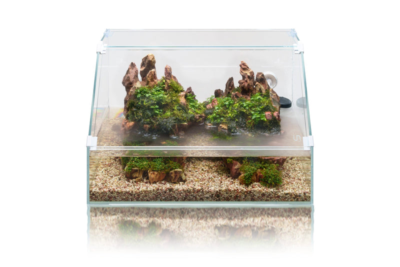 Rimless UNS 45E Paludarium Enclosure Kit by Ultum Nature Systems, clear glass tank with open top and sleek design.