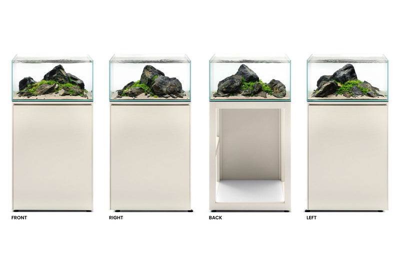 Ultra clear rimless 28.5-gallon aquarium by Ultum Nature Systems, showcasing sleek glass design and rimless edges.