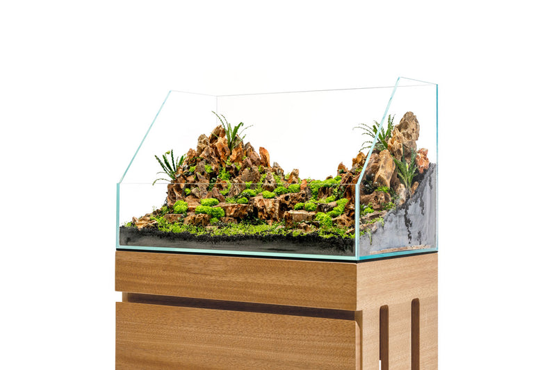 Ultem Nature Systems UNS 60E 6.8-gallon ultra-clear rimless paludarium showcasing glass tank with aquatic and terrestrial habitat areas.
