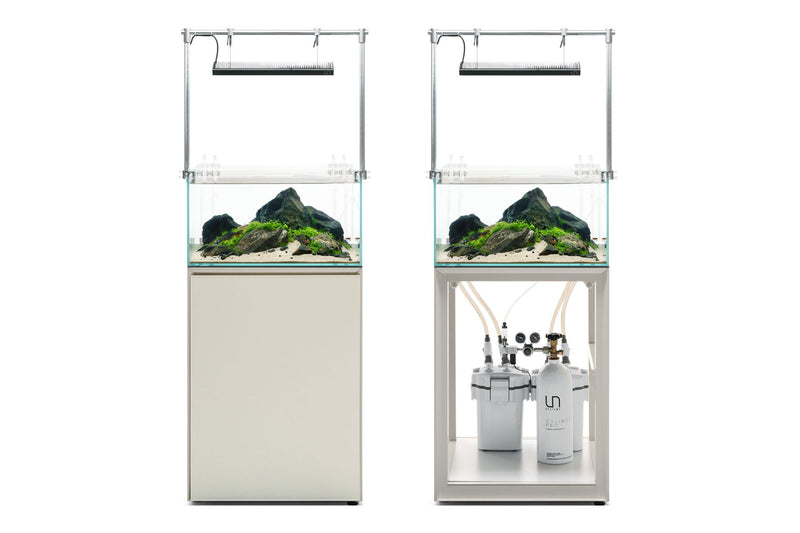 White UNS aluminum aquarium stand by Ultum Nature Systems, sturdy support for fish tanks with a sleek, modern design.