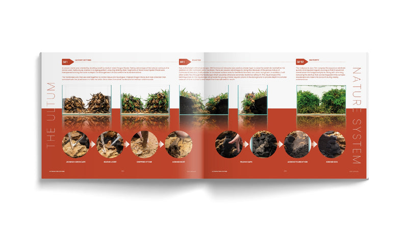 ULTUM Nature Systems UNS Catalog Book showing colorful pages and product accessories for aquatic and terrarium setups.
