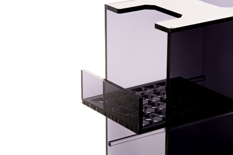 Ultum Nature Systems UNS Dual AIO Media Tower, sleek black accessories rack with multiple shelves for media and equipment storage.