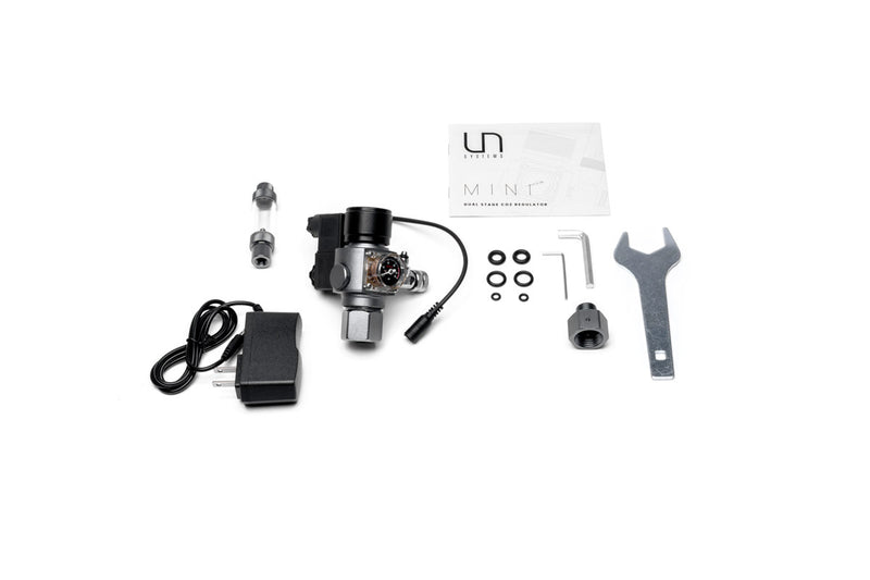 UNS Mini Dual Stage CO2 Regulator for precise CO2 pressure control, shown with gauges and fittings on a white background.