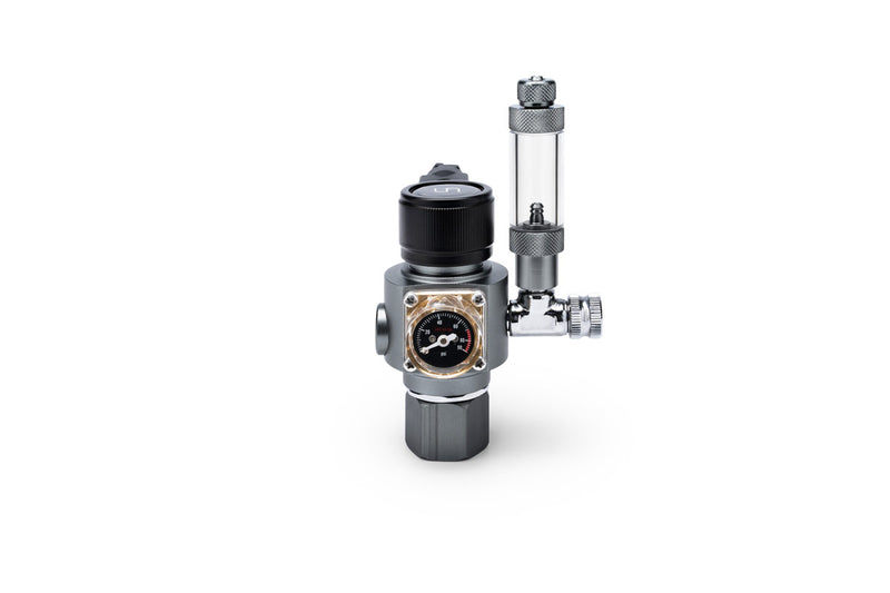 UNS Mini Dual Stage CO2 Regulator showing metal body, gauges, and control knobs for precise CO2 pressure regulation.