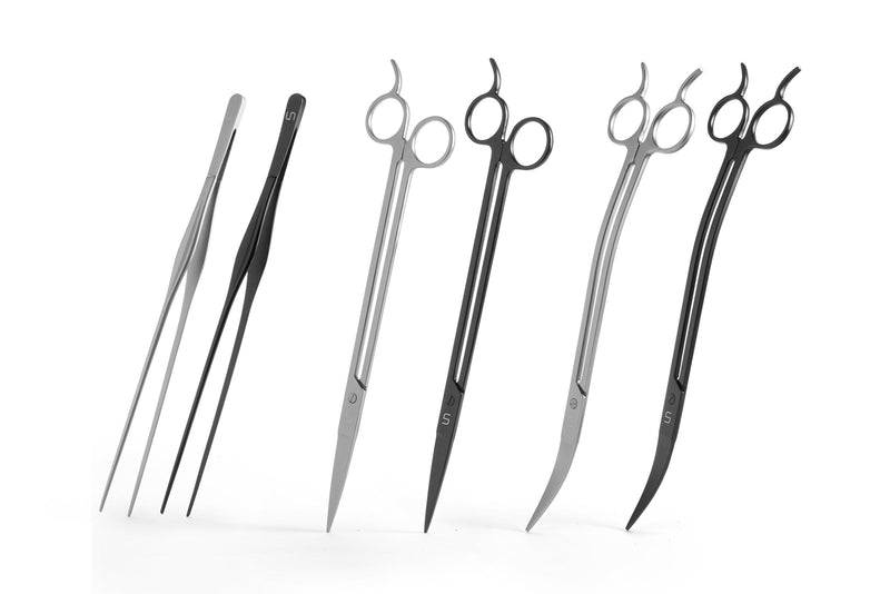 UNSTOOLS UNS Pro Aquascaping Tools black straight scissors for precise underwater plant trimming and aquascaping.