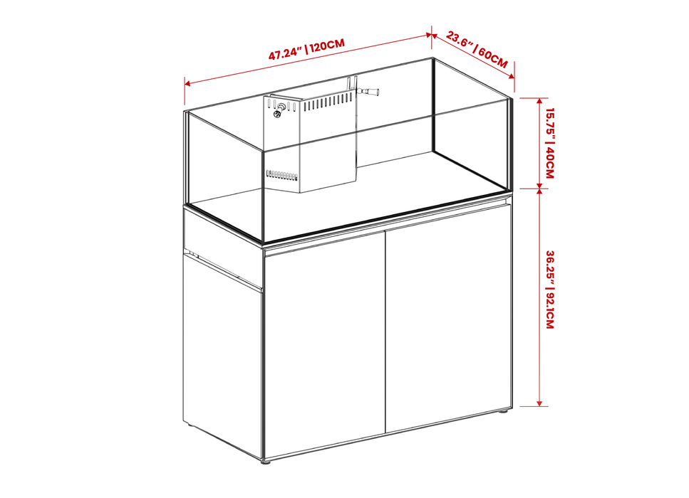 Ultum Nature Systems UNS Reef System R120 Shallow rimless aquarium with clear glass and sleek design for reef keeping.