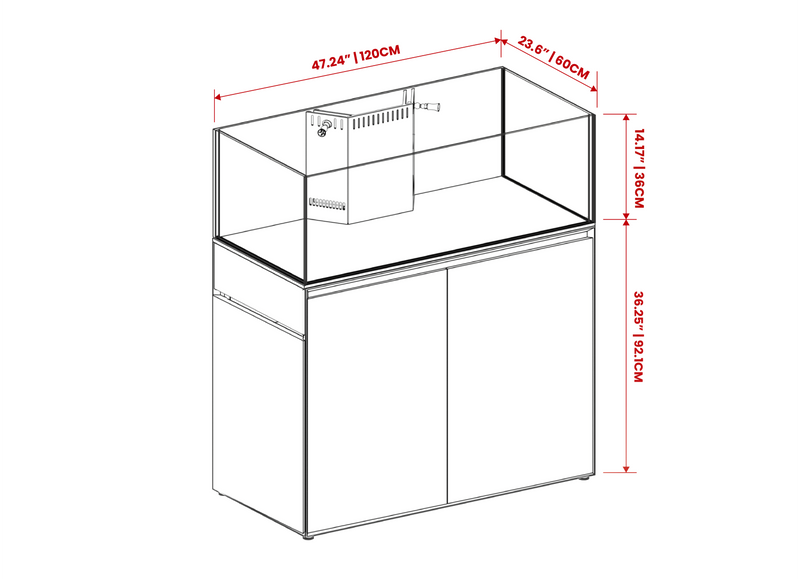 Ultem Nature Systems UNS Reef System R120 Shallow rimless aquarium tank with clear glass and sleek design.