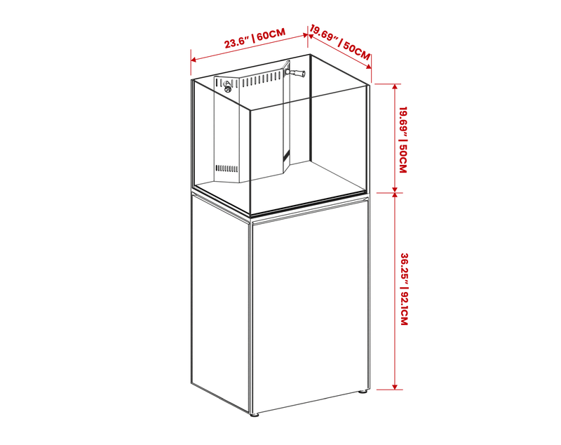 Rimless UNS Reef System R60 aquarium by Ultum Nature Systems, clear glass tank with sleek, modern design for reef keeping.